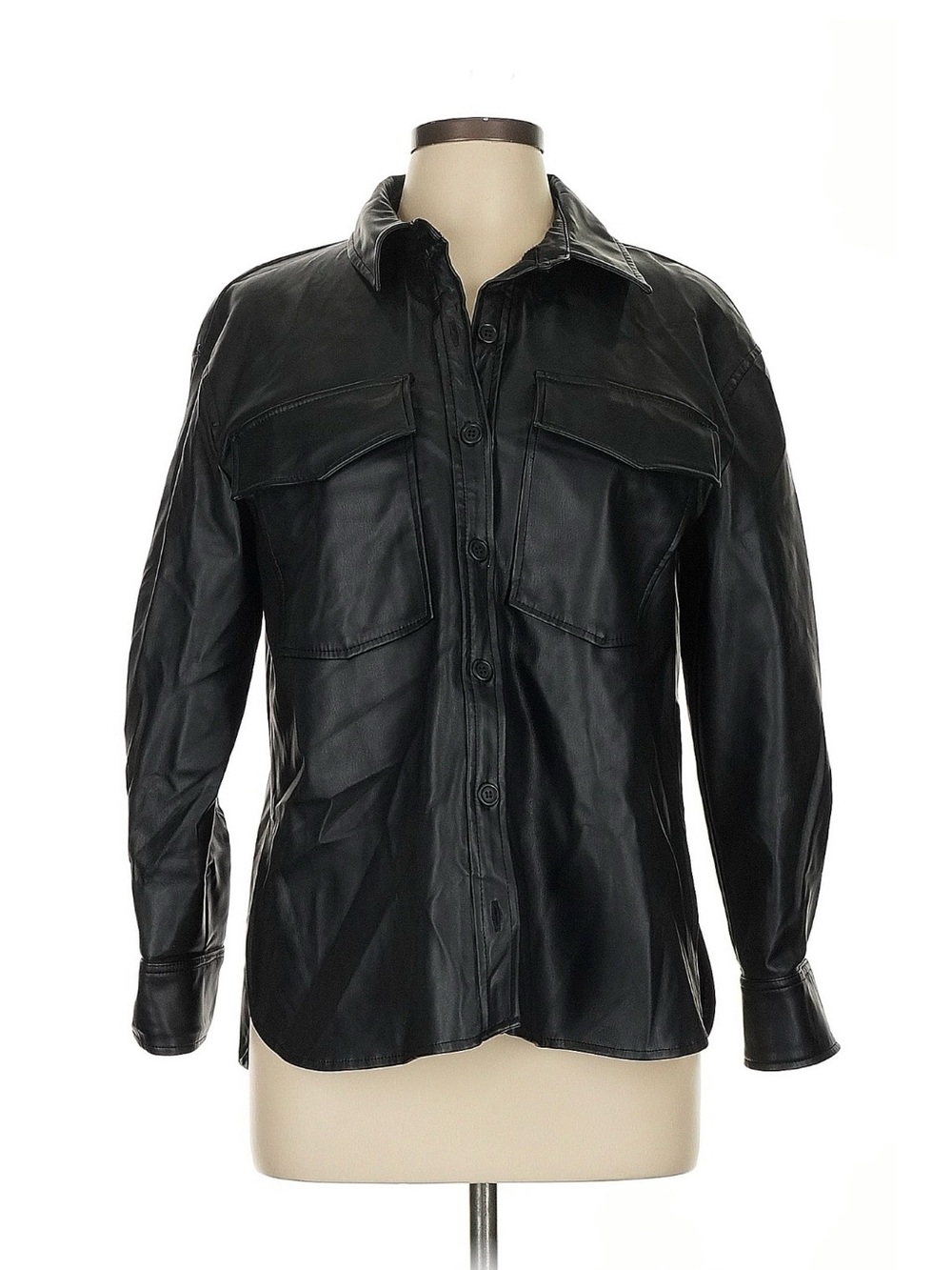 Zara Black Leather Button-Up Shirt Jacket